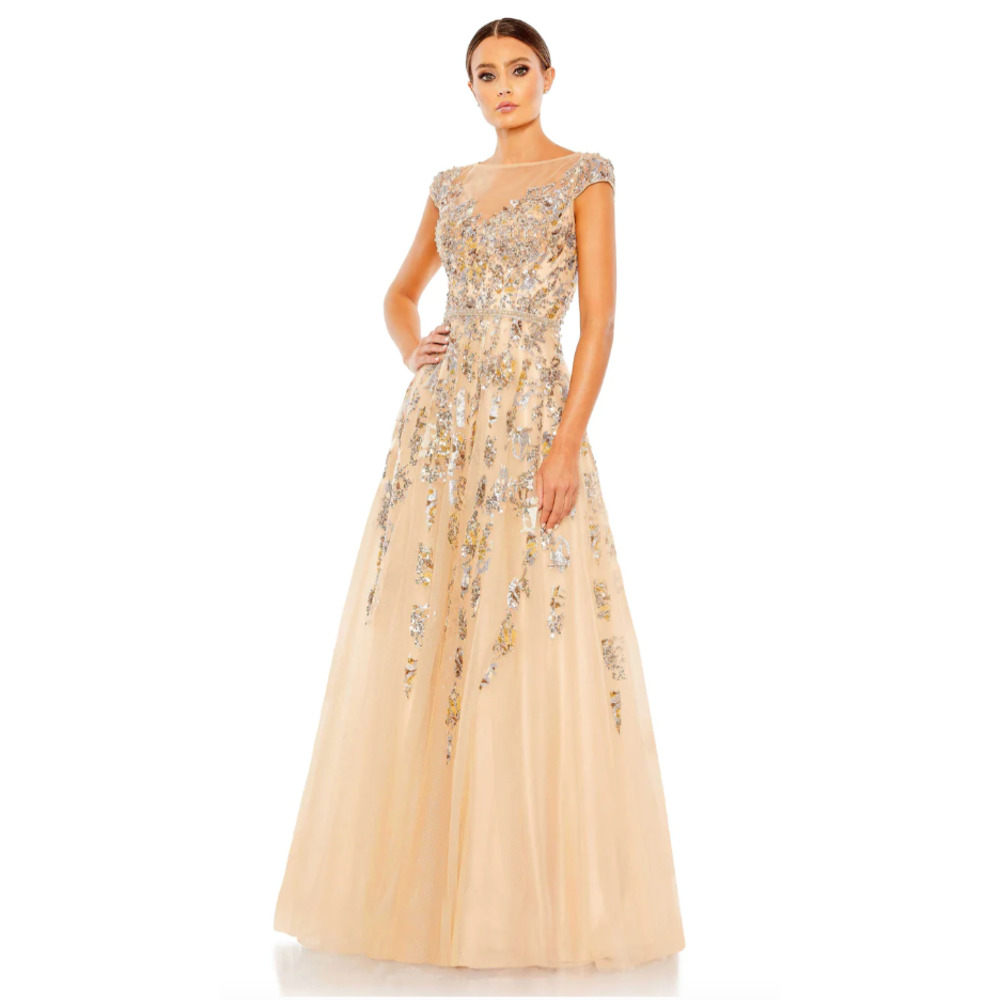 Mac Duggal Sequin CAP SLEEVE chiffon Ball GOWN, Size 10 , nude, 20364 - Picture 1 of 9